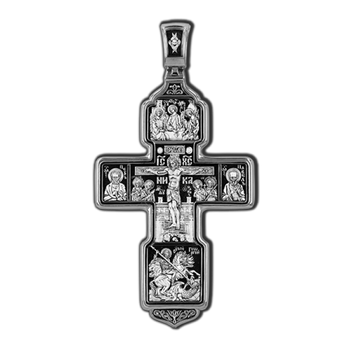 Распятие Христово с предстоящими. Святая Троица. Архангел Михаил. Св. Воины. Тихвинская икона Божией Матери. Православный крест.